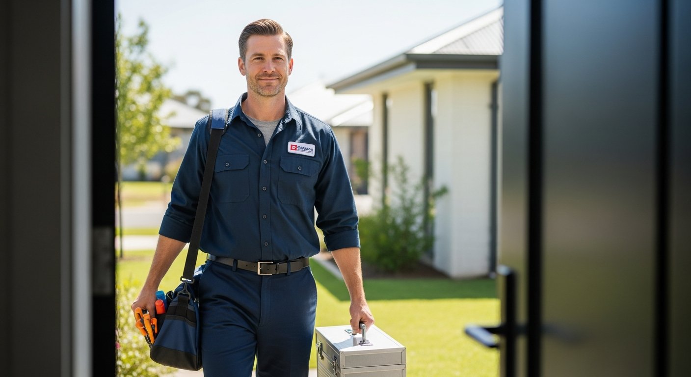 NSP plumber arriving at a Yorkshire stone-built home to greet a homeowner