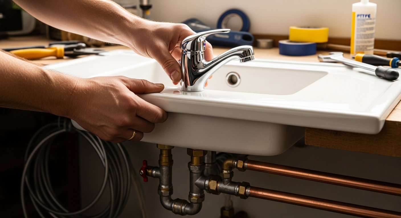 NSP plumber fitting a chrome kitchen mixer tap in a Yorkshire home
